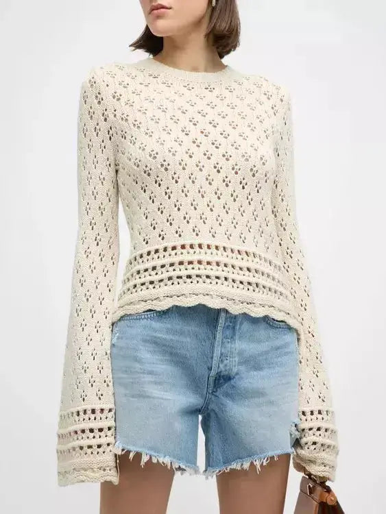 Bell-Sleeve Crochet Knit Ecru Sweater Branna Couture