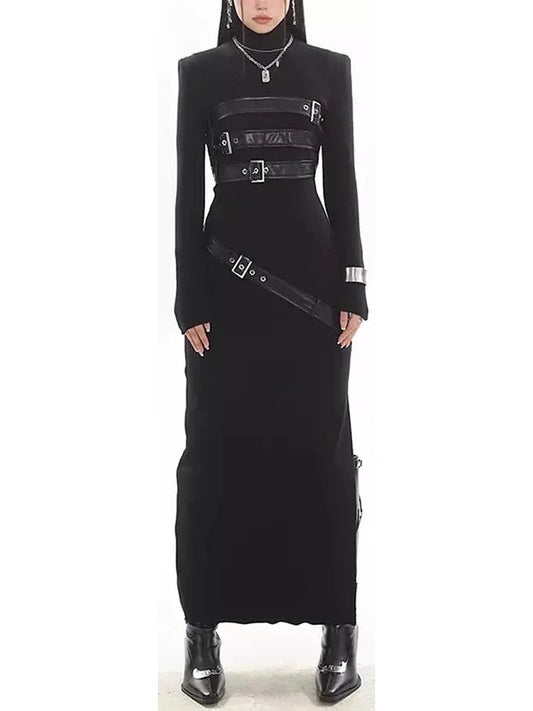 Belt-Embellished High-Neck Maxi Dress - Branna Couture