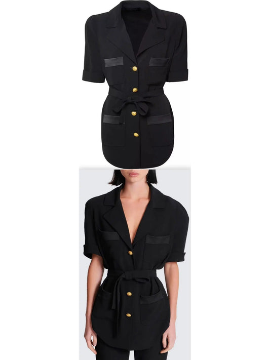 Belted Black Crepe Safari Shirt - Branna Couture