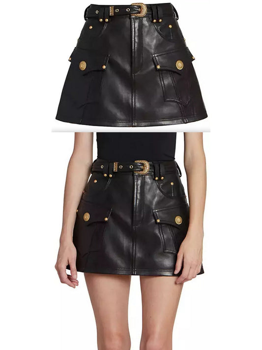 Belted Black Leather Western Mini Skirt - Branna Couture