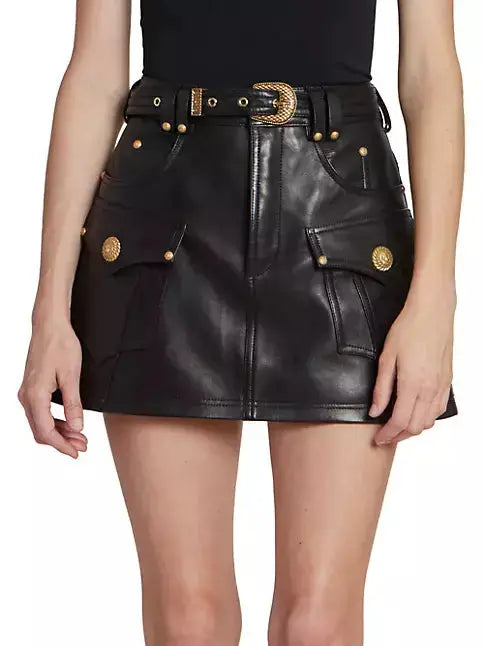 Belted Black Leather Western Mini Skirt - Branna Couture