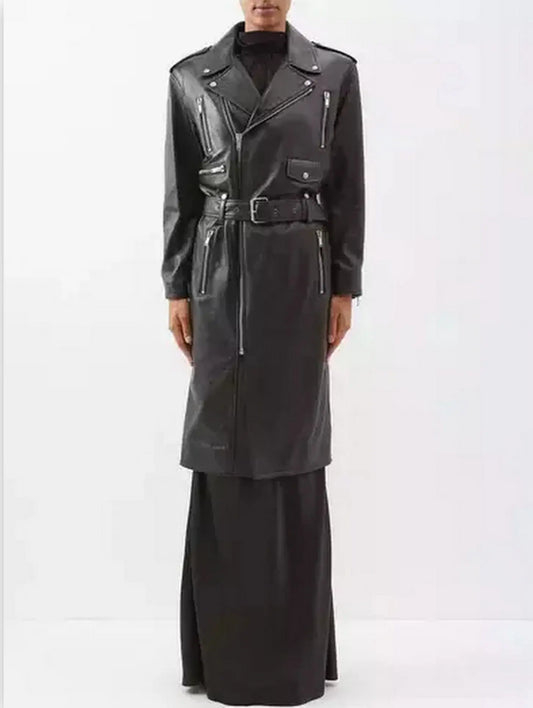 Belted Black Leather Zip-Pocket Midi Biker Coat - Branna Couture