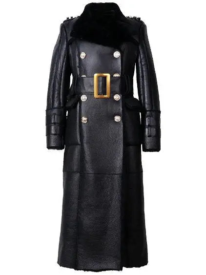 Belted Black Shearling Sheepskin Leather Coat - Branna Couture