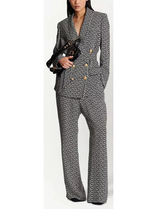 Belted Black and White Monogram Double-Breasted Blazer and Pant Suit - Branna Couture