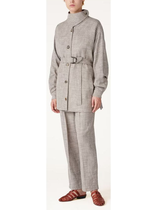 Belted Button-Down Linen-Blend Jacket with Side-Fastening Flap - Branna Couture