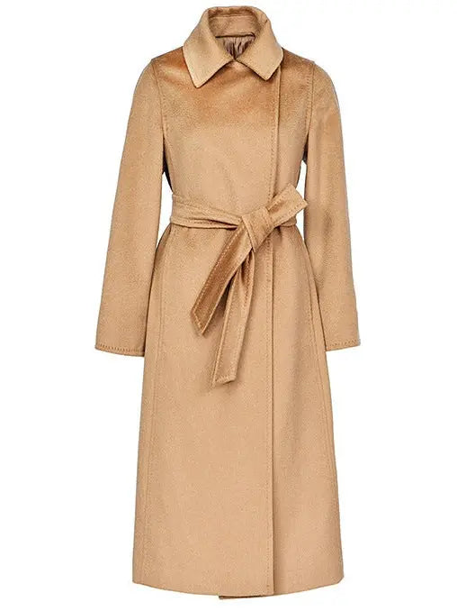 Belted Cashmere Wool Wrap Coat, Camel - Branna Couture