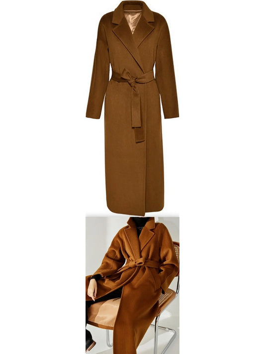 Belted Cashmere Wool Wrap Coat, Dark Caramel - Branna Couture