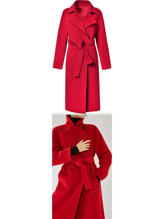 Belted Cashmere Wool Wrap Coat, Red - Branna Couture