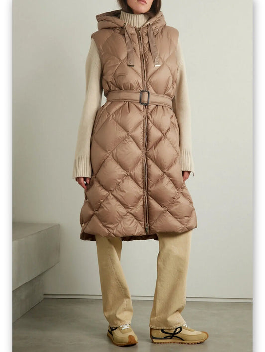 Belted Diamond-Quilted Hooded Long Vest Coat - Branna Couture