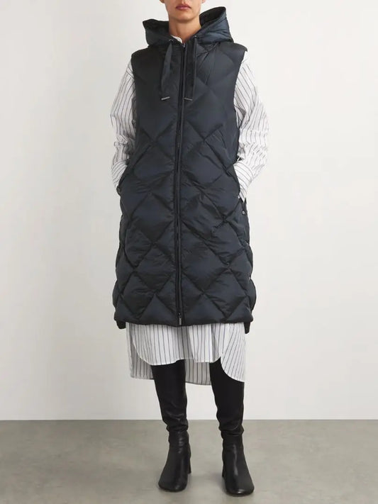 Belted Diamond-Quilted Hooded Long Vest Coat in Black - Branna Couture