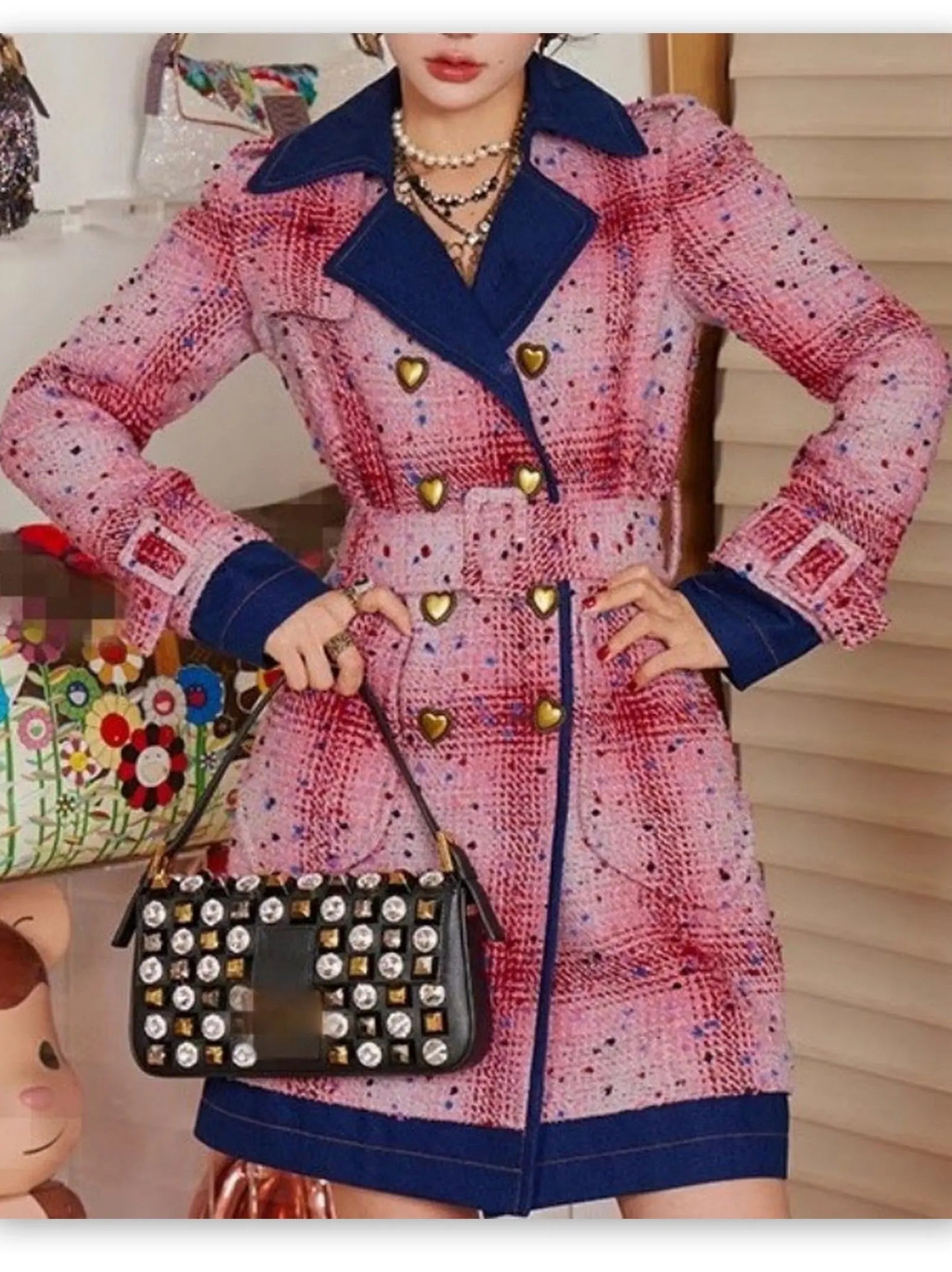 Belted Double-Breasted Coat with Heart Buttons Branna Couture