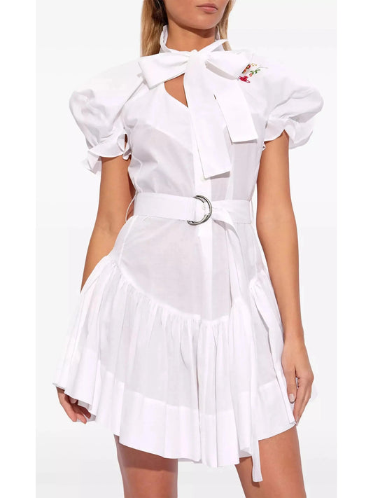 Belted Floral-Embroidered White Cotton Mini Dress - Branna Couture