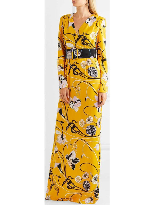 Belted Floral-Print Crepe Gown - Branna Couture