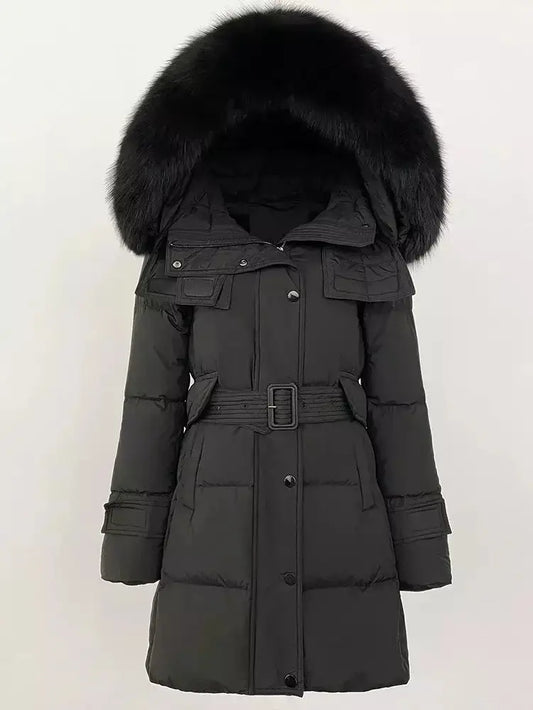 Belted Fur-Hooded Down Coat in Black - Branna Couture