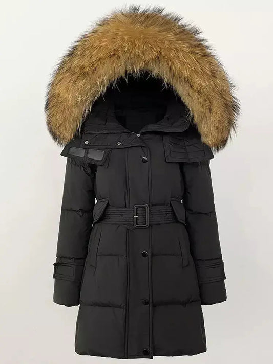 Belted Fur-Hooded Down Coat in Black with Natural Fur - Branna Couture