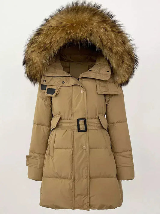 Belted Fur-Hooded Down Coat in Camel - Branna Couture