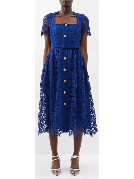 Belted Guipure-Lace Midi Dress, Blue - Branna Couture