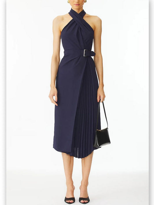 Belted Halter-Neck Pleated-Panel Midi Dress in Navy - Branna Couture