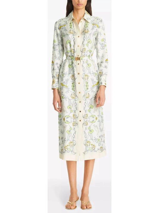 Belted Neutral Rabbit Field Printed Silk Twill Shirt Dress - Branna Couture