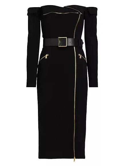 Belted Off-The-Shoulder Biker Midi-Dress - Branna Couture