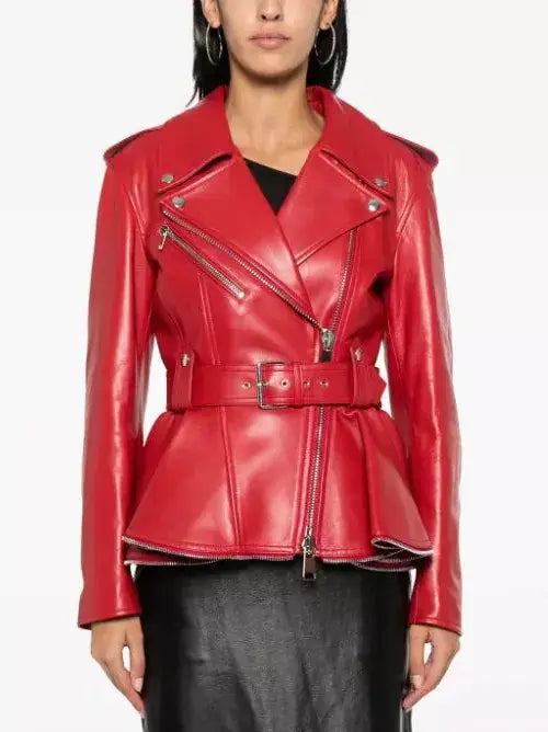 Belted Red Peplum Leather Biker Jacket - Branna Couture