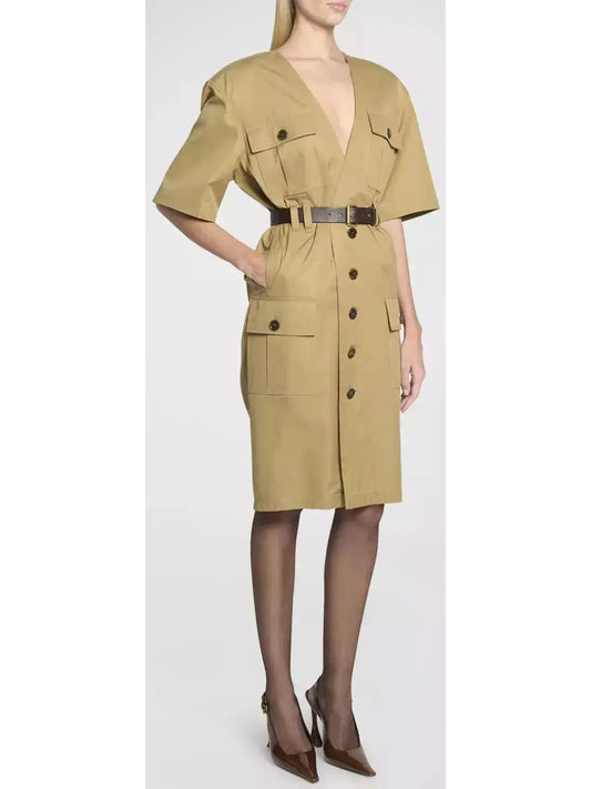 Belted Saharienne Safari Dress in Cotton Twill - Branna Couture