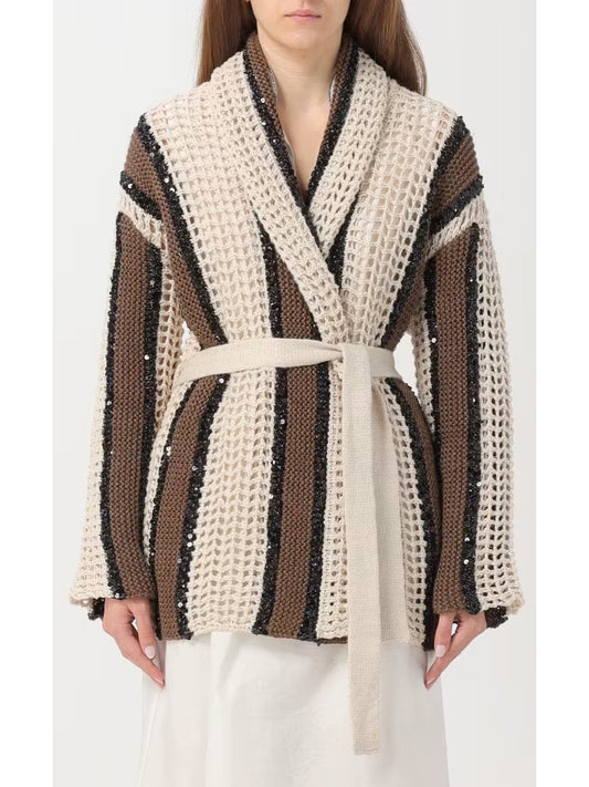 Belted Sequined Stripe Wrap-Around Cardigan - Branna Couture