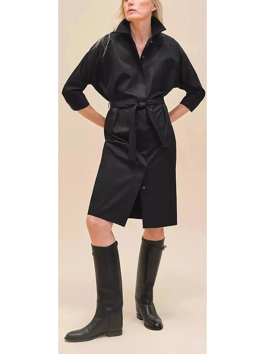 Belted Shirt Dress in Cotton Twill, Black - Branna Couture