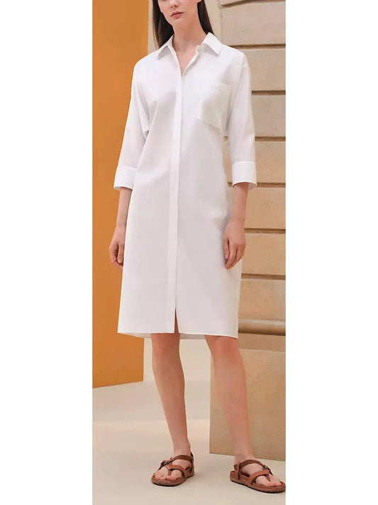 Belted Shirt Dress in Cotton Twill, White - Branna Couture