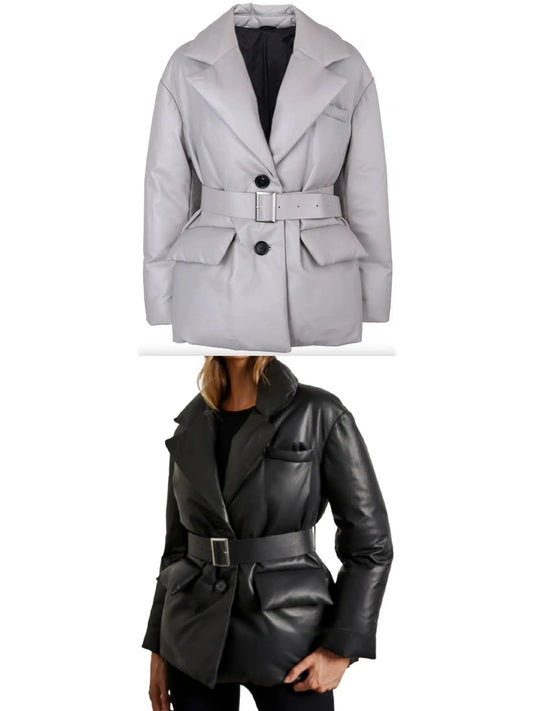 Belted Single-Breasted Padded Leather Jacket in Grey, Black or Beige - Branna Couture