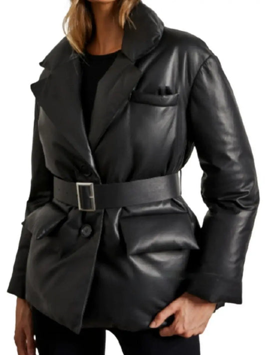 Belted Single-Breasted Padded Leather Jacket in Grey, Black or Beige - Branna Couture