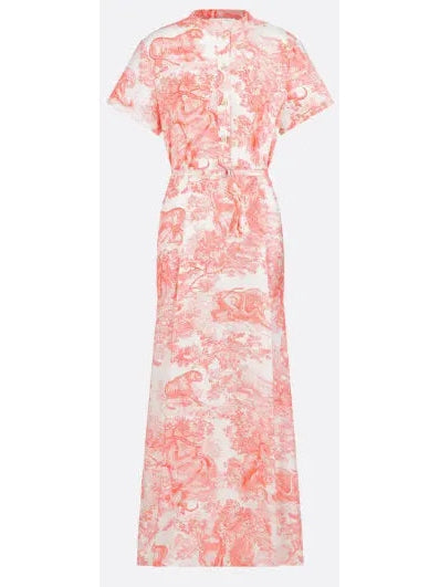 Belted Toile de Jouy Sauvage Motif Shirt Dress in White and Coral - Branna Couture