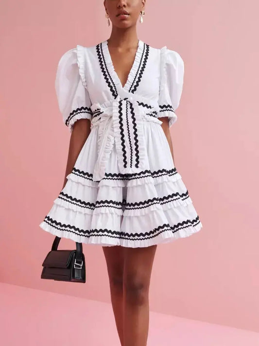 Belted V-Neck A-Line Mini Dress in White and Black - Branna Couture