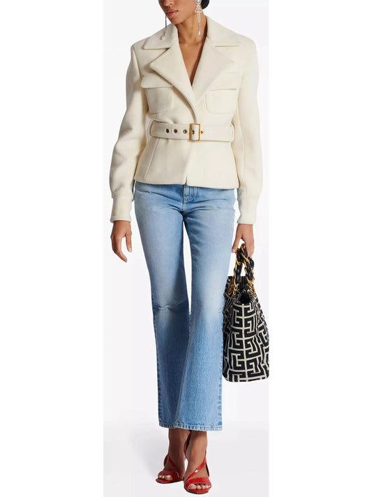 Belted Wool-Blend Jacket in White - Branna Couture