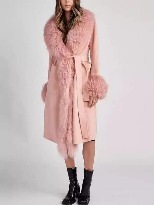 Belted Wool Cashmere and Mongolian Fur Coat in Pink - Branna Couture