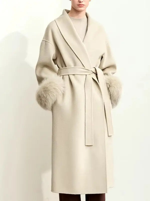 Belted Wrap Wool Coat with Detachable Fox Fur Cuffs in Beige Branna Couture