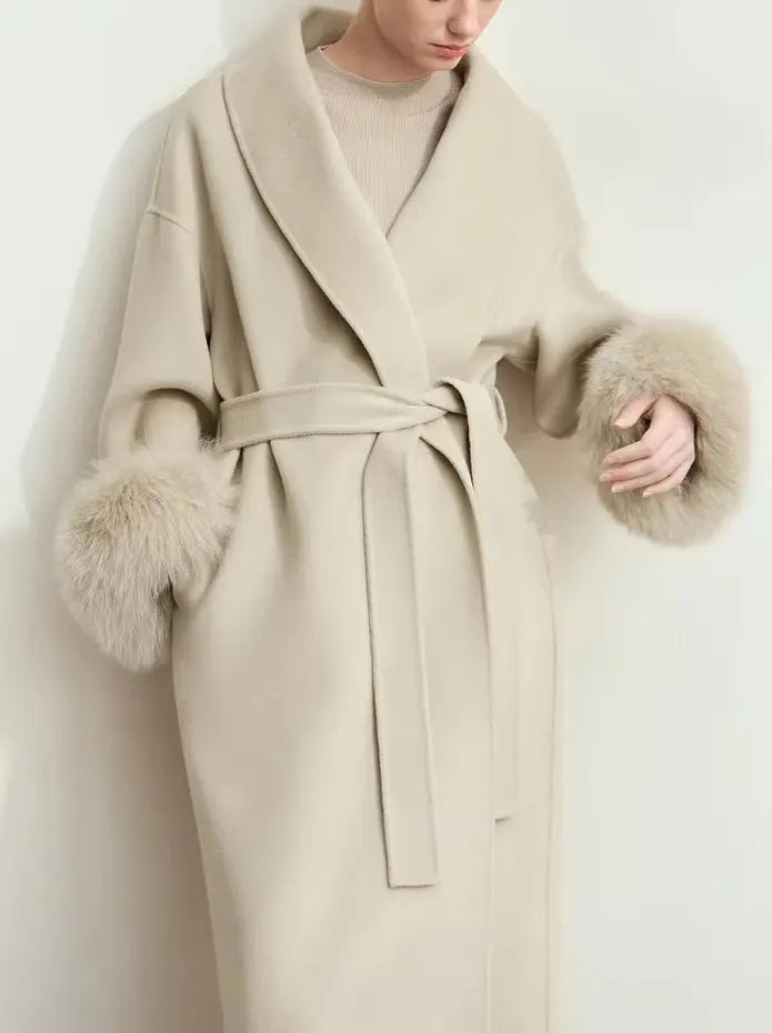 Belted Wrap Wool Coat with Detachable Fox Fur Cuffs in Beige Branna Couture