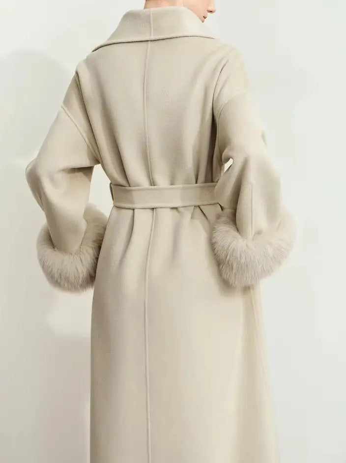 Belted Wrap Wool Coat with Detachable Fox Fur Cuffs in Beige Branna Couture