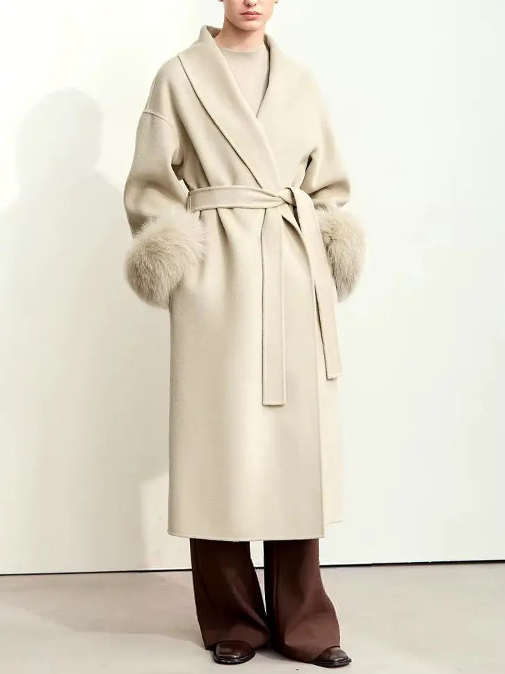 Belted Wrap Wool Coat with Detachable Fox Fur Cuffs in Beige Branna Couture