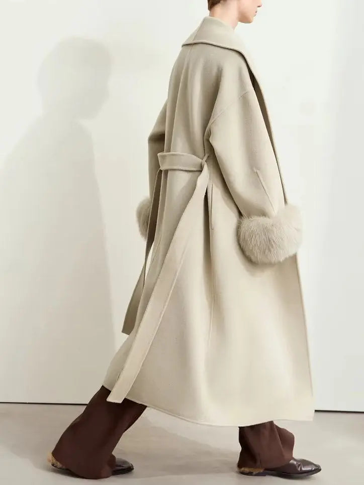 Belted Wrap Wool Coat with Detachable Fox Fur Cuffs in Beige Branna Couture