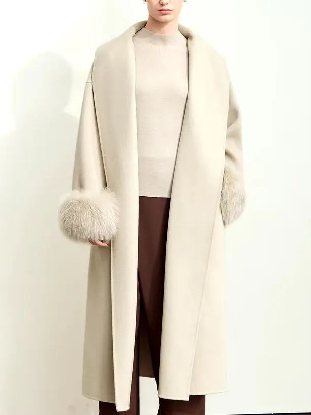 Belted Wrap Wool Coat with Detachable Fox Fur Cuffs in Beige Branna Couture