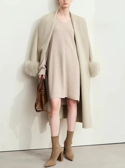 Belted Wrap Wool Coat with Detachable Fox Fur Cuffs in Beige Branna Couture