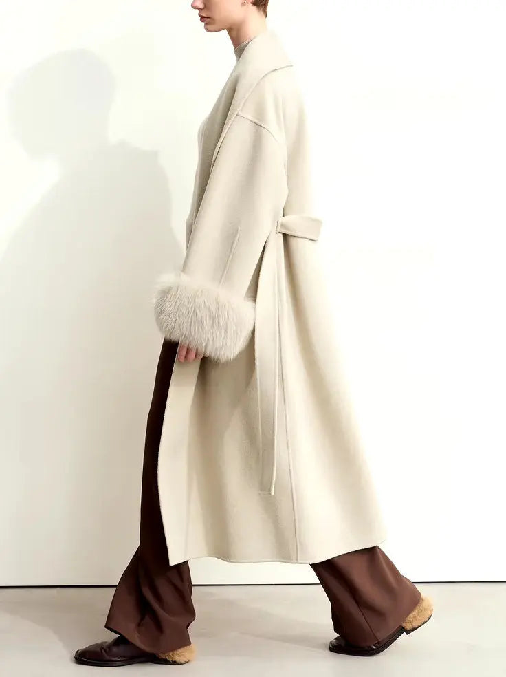 Belted Wrap Wool Coat with Detachable Fox Fur Cuffs in Beige Branna Couture