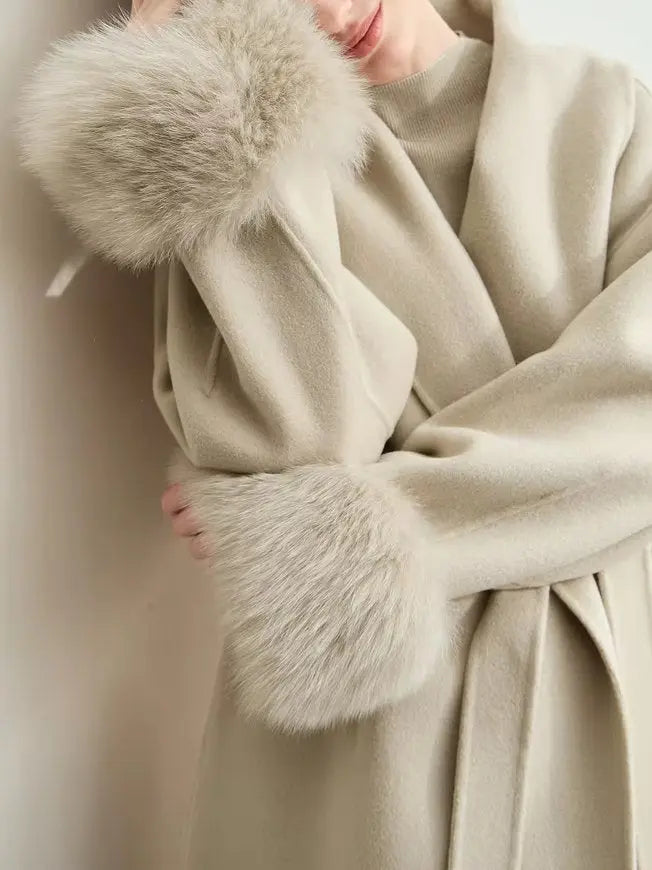 Belted Wrap Wool Coat with Detachable Fox Fur Cuffs in Beige Branna Couture