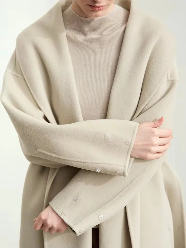 Belted Wrap Wool Coat with Detachable Fox Fur Cuffs in Beige Branna Couture