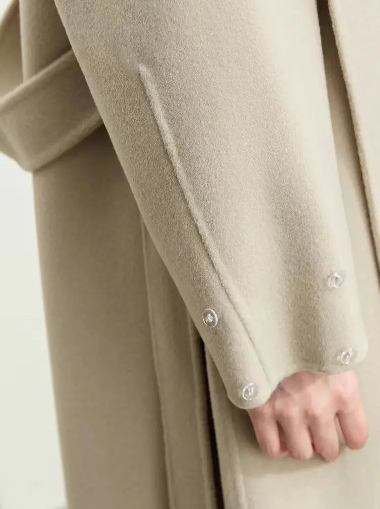 Belted Wrap Wool Coat with Detachable Fox Fur Cuffs in Beige Branna Couture