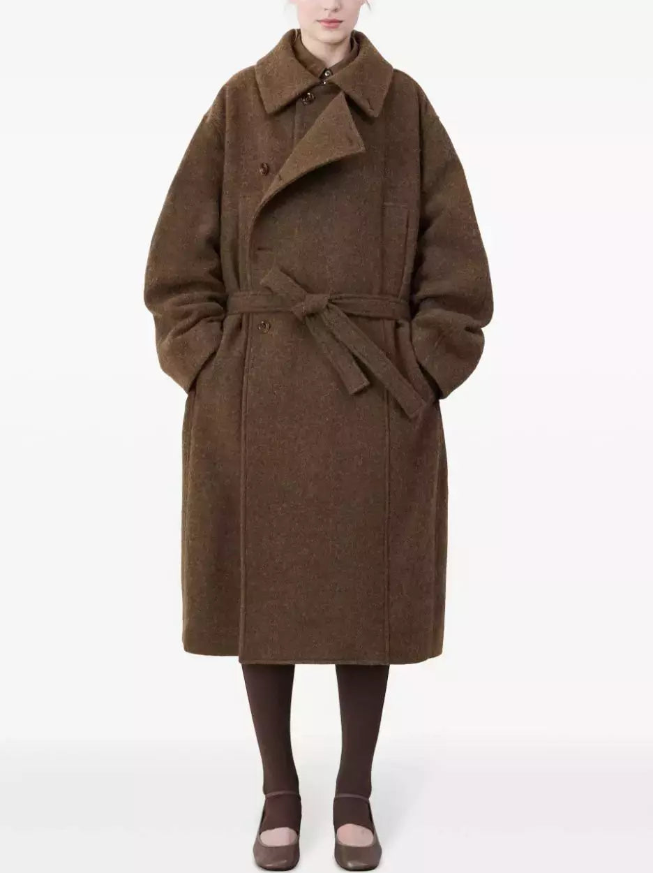 Belted Bathrobe Style Wool Coat in Brown Branna Couture