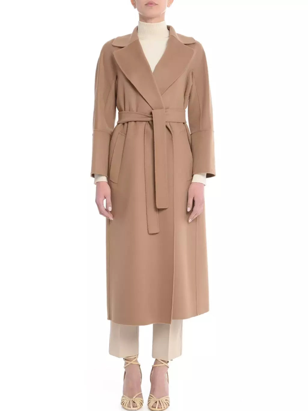 Belted Bathrobe Style Wool Wrap Coat in Camel Branna Couture