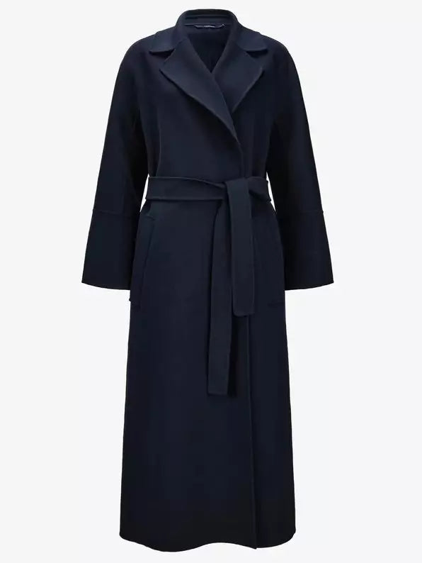 Belted Bathrobe Style Wool Wrap Coat in Navy Branna Couture