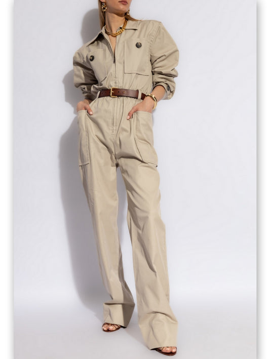 Belted Beige Cotton Cargo Jumpsuit - Branna Couture